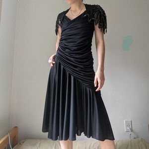 Vintage 80's Black Ruched Sequin Formal Dress